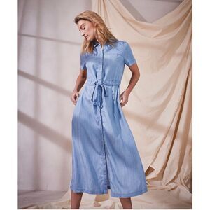 Fat Face Lyocell Denim Shirt Dress Tie Waist Button Front Midi Blue US Size 6